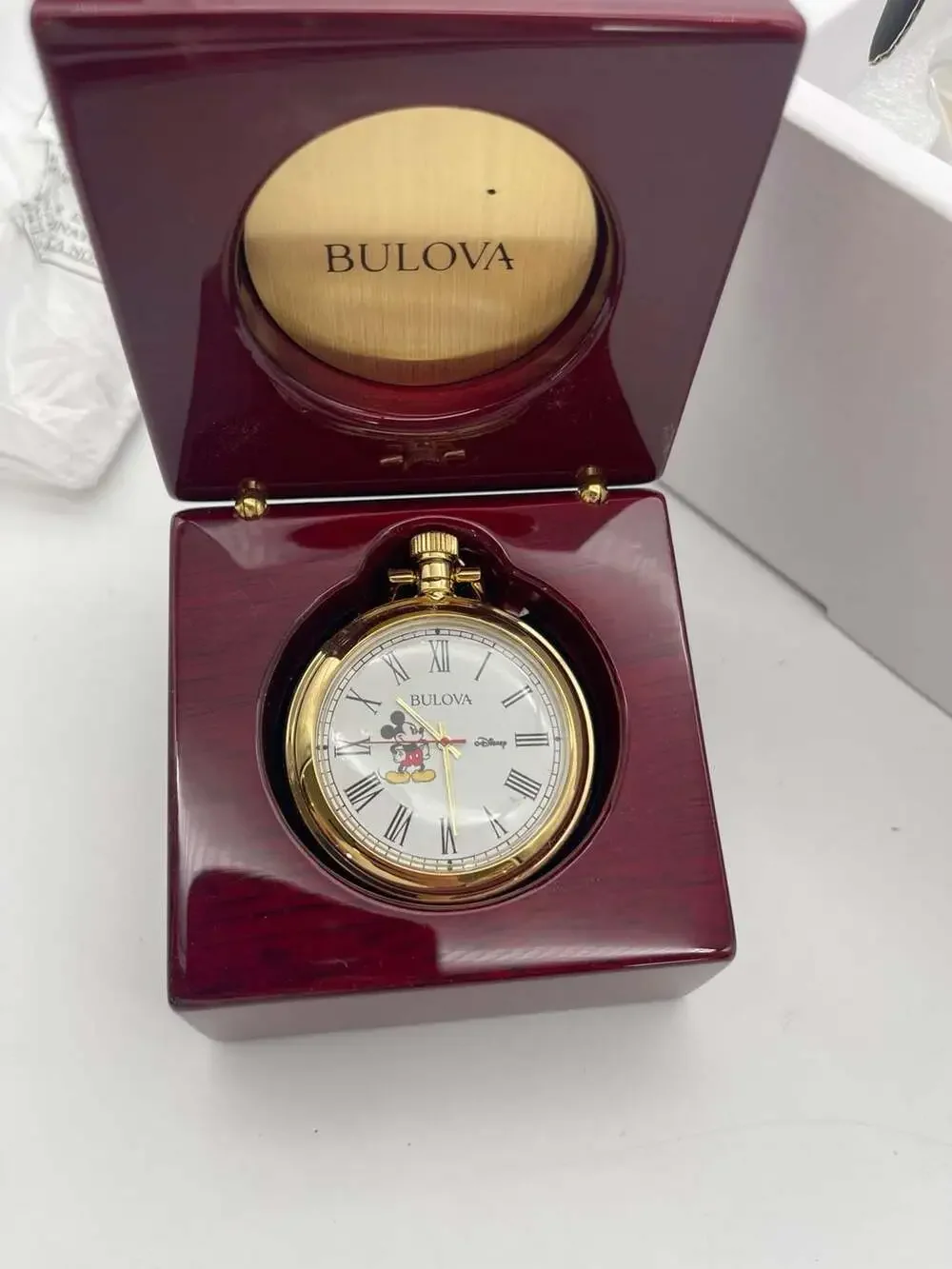 Bulova Disney Mickey Mouse Gold-Tone Pocket Watch with Mahogany Presentation Cas